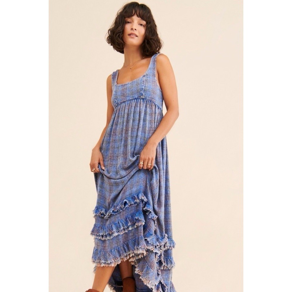 Small Blue Plaid Ruffle Hem Lily Anne Free People Maxi Dress